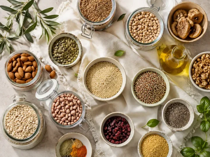 Legumbres, semillas y cereales organizados en recipientes